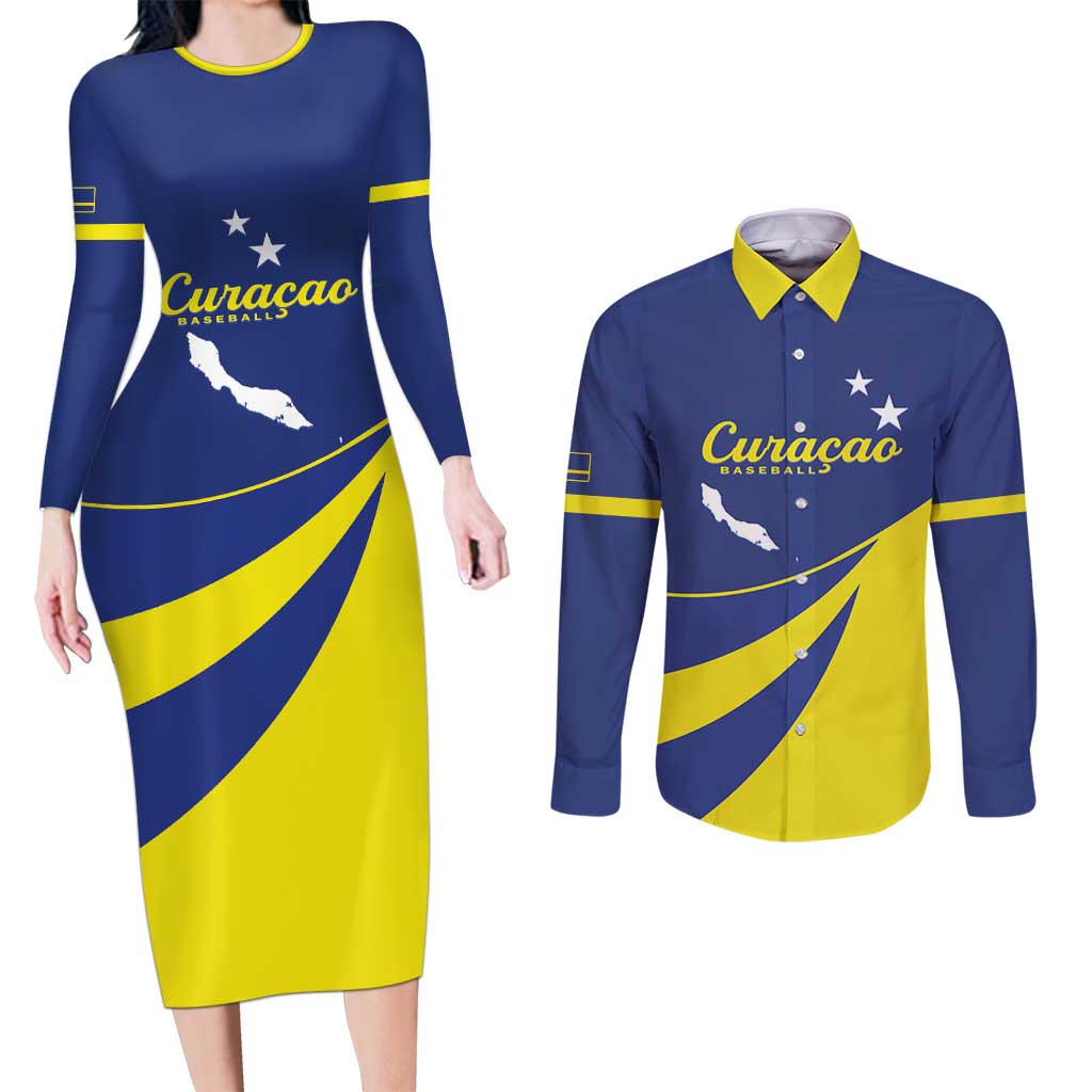 Custom Baseball Curacao Couples Matching Long Sleeve Bodycon Dress and Long Sleeve Button Shirt Go Champions Korsou Curve Vibes - Wonder Print Shop