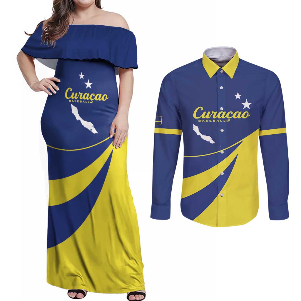 Custom Baseball Curacao Couples Matching Off Shoulder Maxi Dress and Long Sleeve Button Shirt Go Champions Korsou Curve Vibes - Wonder Print Shop