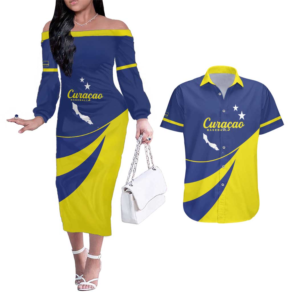 Custom Baseball Curacao Couples Matching Off The Shoulder Long Sleeve Dress and Hawaiian Shirt Go Champions Korsou Curve Vibes - Wonder Print Shop