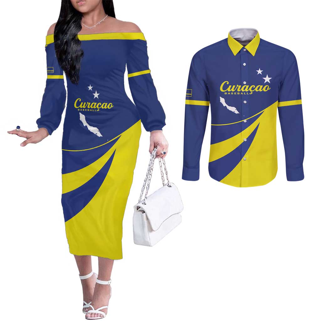 Custom Baseball Curacao Couples Matching Off The Shoulder Long Sleeve Dress and Long Sleeve Button Shirt Go Champions Korsou Curve Vibes - Wonder Print Shop