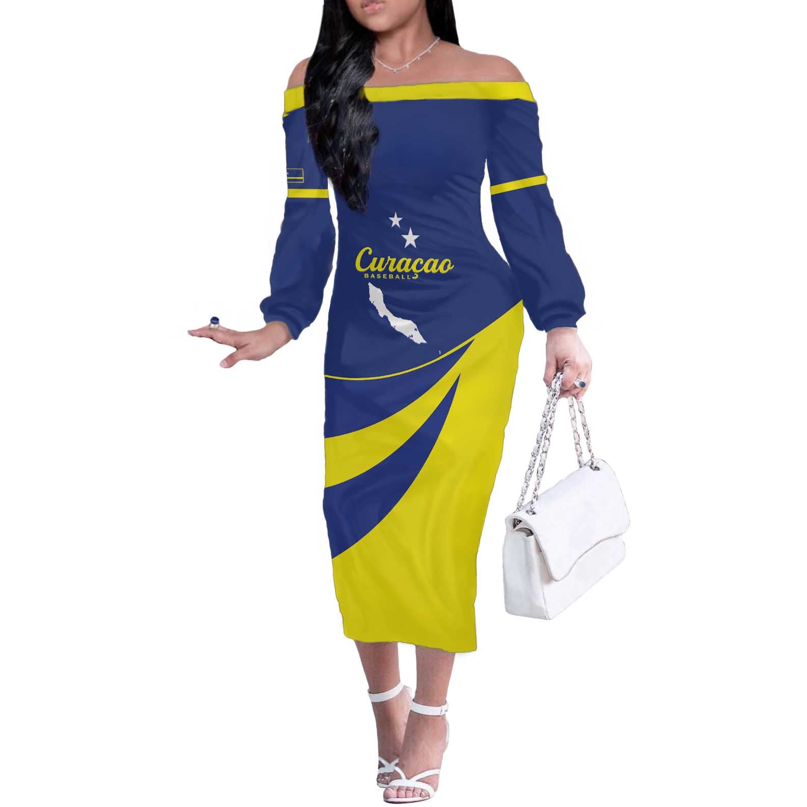 Custom Baseball Curacao Off The Shoulder Long Sleeve Dress Go Champions Korsou Curve Vibes - Wonder Print Shop