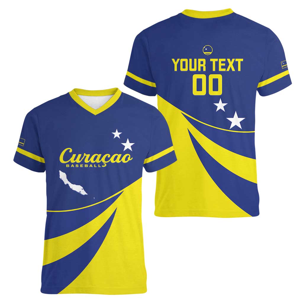 Custom Baseball Curacao Women V-Neck T-Shirt Go Champions Korsou Curve Vibes - Wonder Print Shop