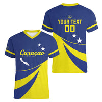 Custom Baseball Curacao Women V-Neck T-Shirt Go Champions Korsou Curve Vibes - Wonder Print Shop