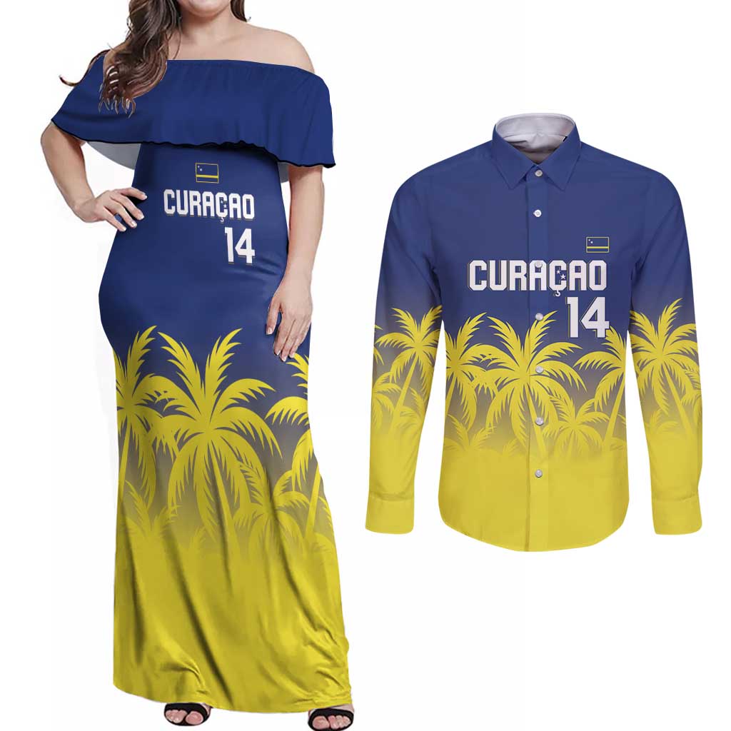 Custom Baseball Curacao Couples Matching Off Shoulder Maxi Dress and Long Sleeve Button Shirt 2025 Korsou de Palmbomen - Wonder Print Shop