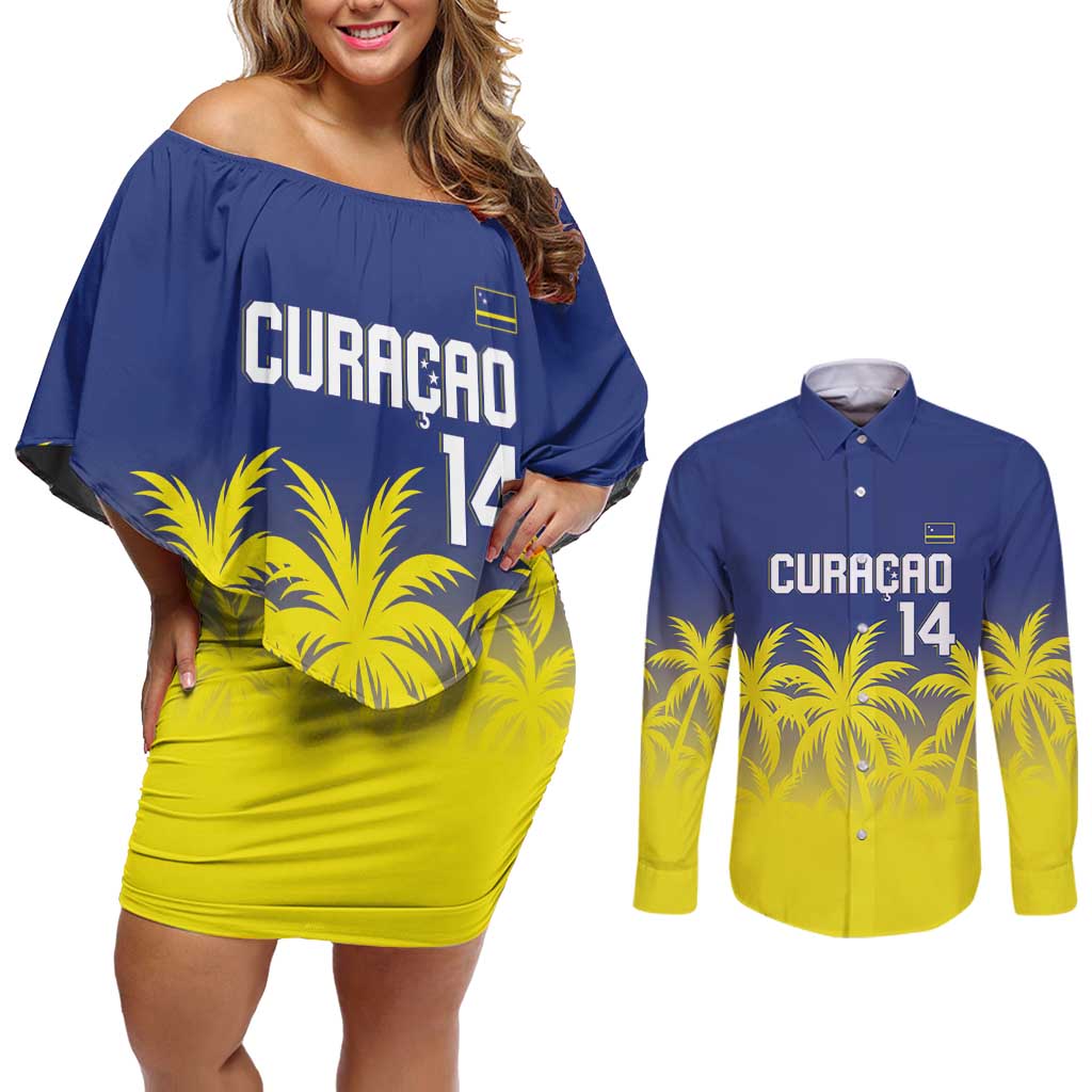 Custom Baseball Curacao Couples Matching Off Shoulder Short Dress and Long Sleeve Button Shirt 2025 Korsou de Palmbomen - Wonder Print Shop