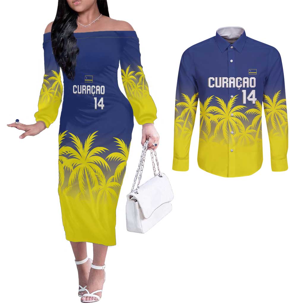 Custom Baseball Curacao Couples Matching Off The Shoulder Long Sleeve Dress and Long Sleeve Button Shirt 2025 Korsou de Palmbomen - Wonder Print Shop