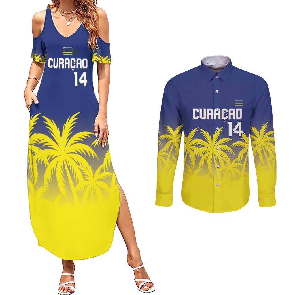 Custom Baseball Curacao Couples Matching Summer Maxi Dress and Long Sleeve Button Shirt 2025 Korsou de Palmbomen - Wonder Print Shop