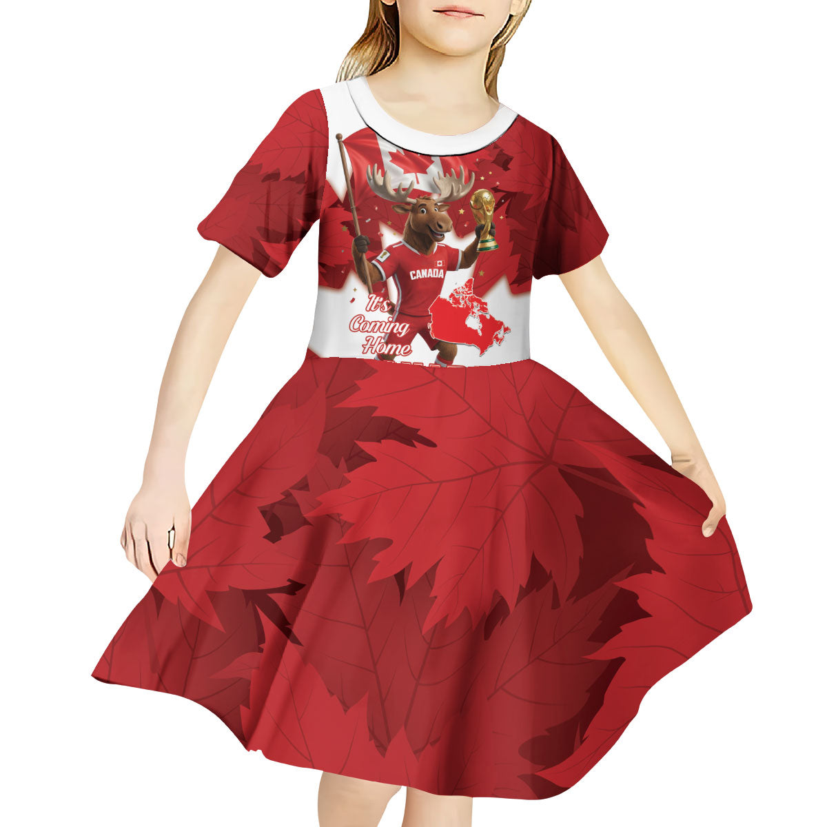Canada Day Proud 2026 Kid Short Sleeve Dress Canadian Moose Soccer Is Coming Home