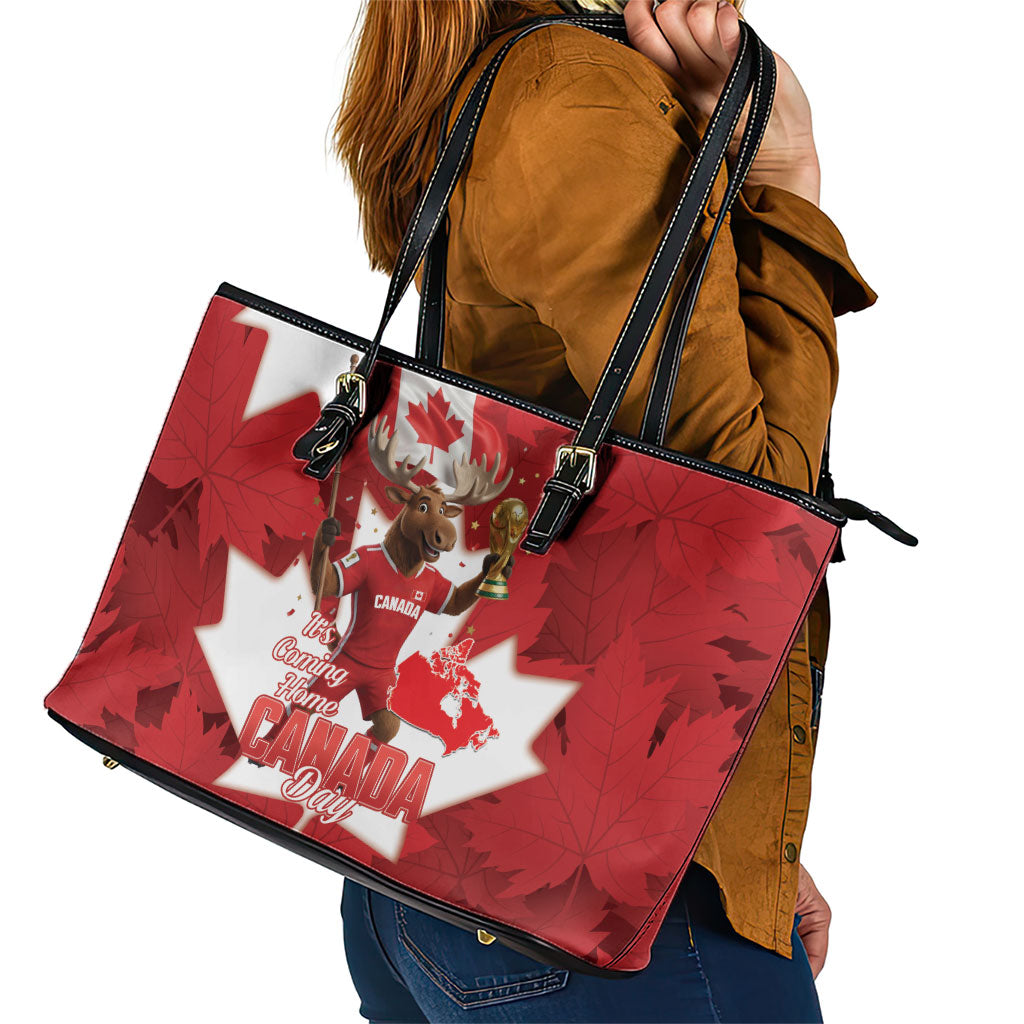 Canada Day Proud 2026 Leather Tote Bag Canadian Moose Soccer Is Coming Home