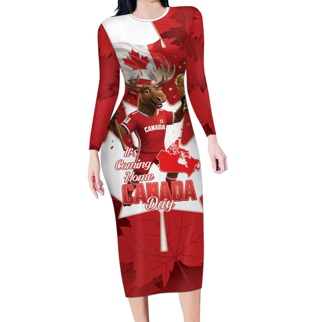Canada Day Proud 2026 Long Sleeve Bodycon Dress Canadian Moose Soccer Is Coming Home