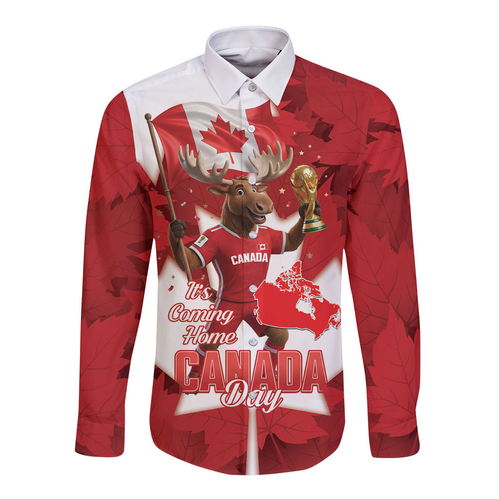 Canada Day Proud 2026 Long Sleeve Button Shirt Canadian Moose Soccer Is Coming Home