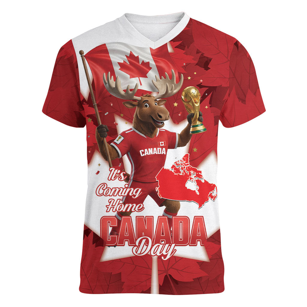 Canada Day Proud 2026 Women V-Neck T-Shirt Canadian Moose Soccer Is Coming Home