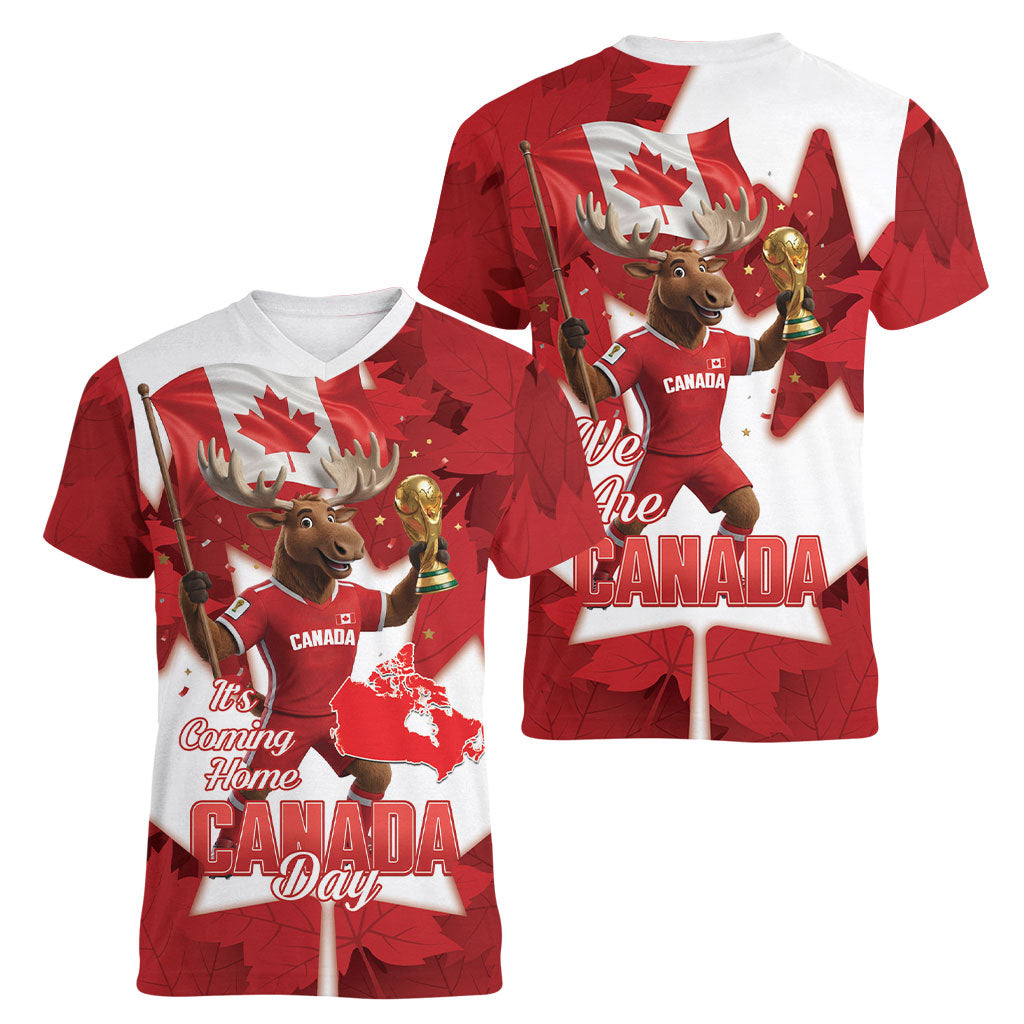 Canada Day Proud 2026 Women V-Neck T-Shirt Canadian Moose Soccer Is Coming Home