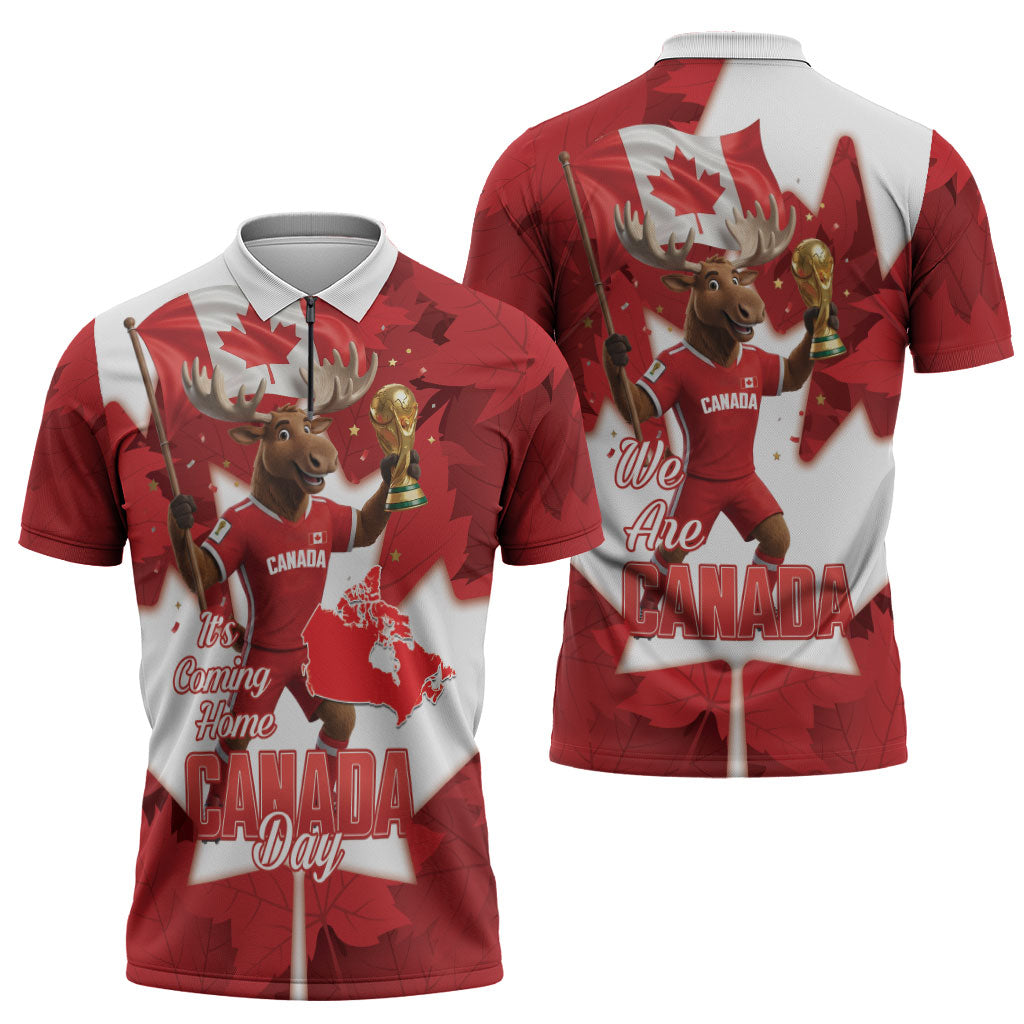 Canada Day Proud 2026 Zipper Polo Shirt Canadian Moose Soccer Is Coming Home