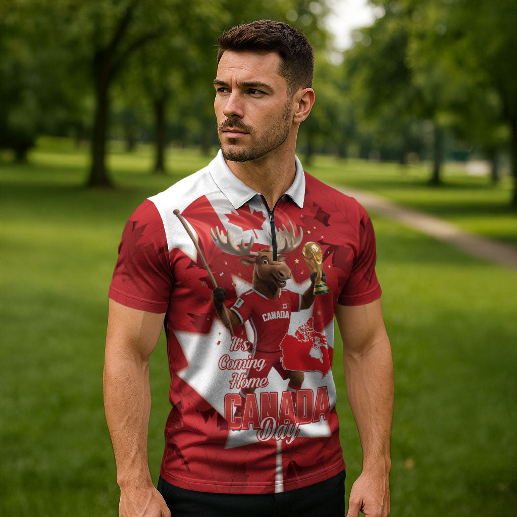 Canada Day Proud 2026 Zipper Polo Shirt Canadian Moose Soccer Is Coming Home