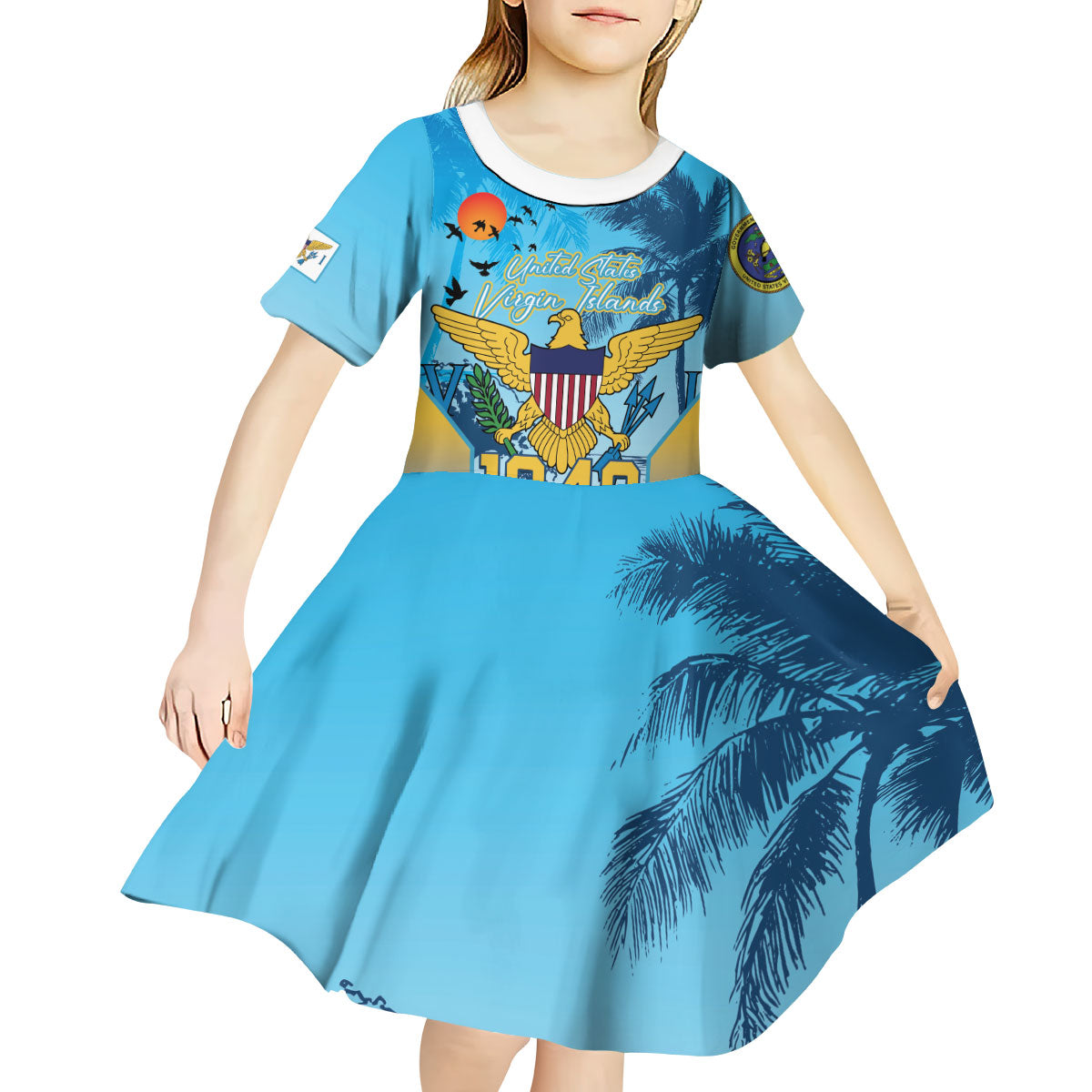 US Virgin Islands Independence Day Personalized Kid Short Sleeve Dress 1848 Proud Palm Tropical Style