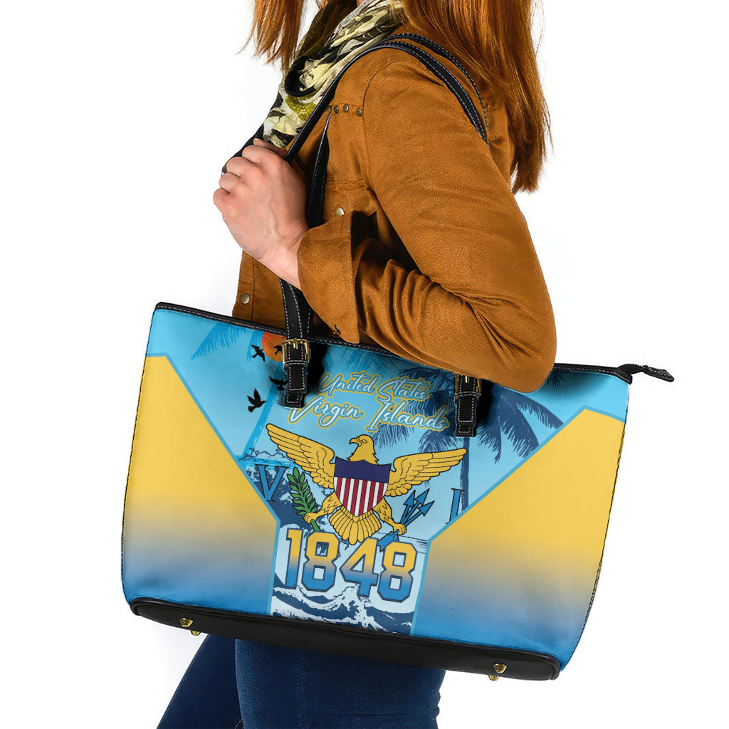 US Virgin Islands Independence Day Leather Tote Bag 1848 Proud Palm Tropical Style