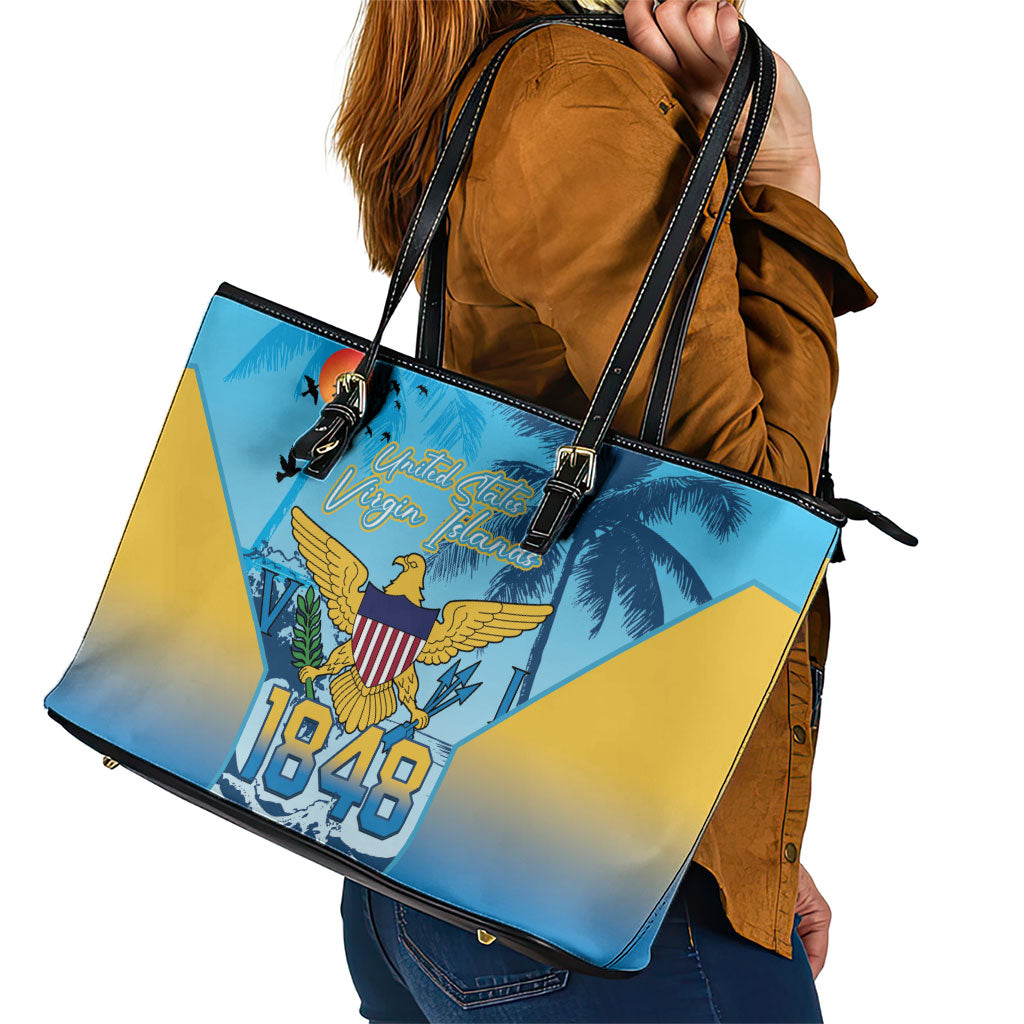 US Virgin Islands Independence Day Leather Tote Bag 1848 Proud Palm Tropical Style