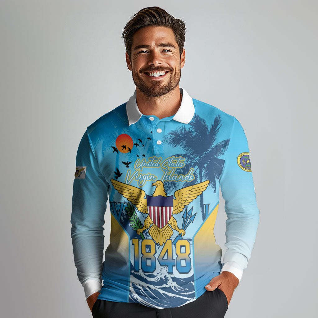 US Virgin Islands Independence Day Personalized Long Sleeve Polo Shirt 1848 Proud Palm Tropical Style