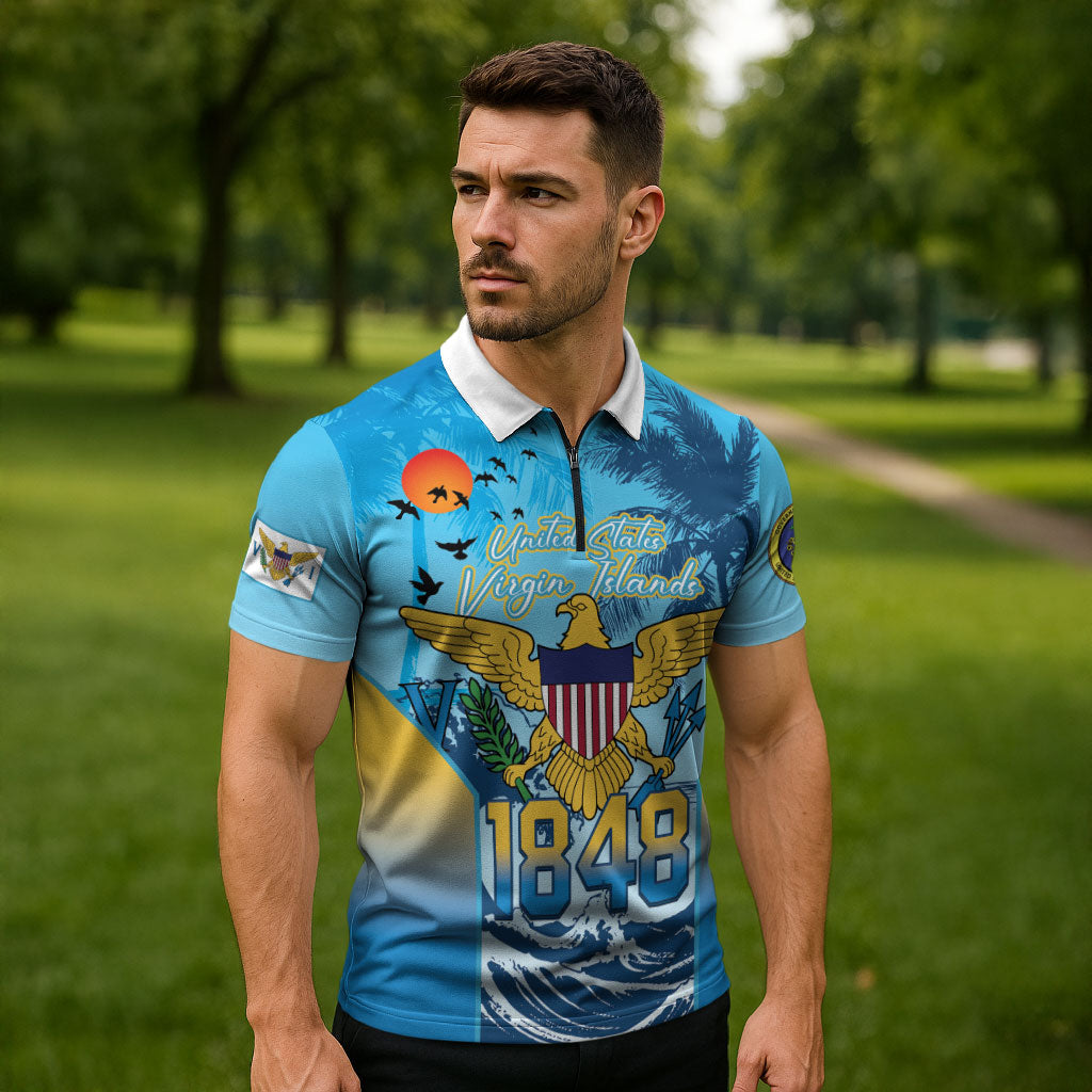 US Virgin Islands Independence Day Personalized Zipper Polo Shirt 1848 Proud Palm Tropical Style