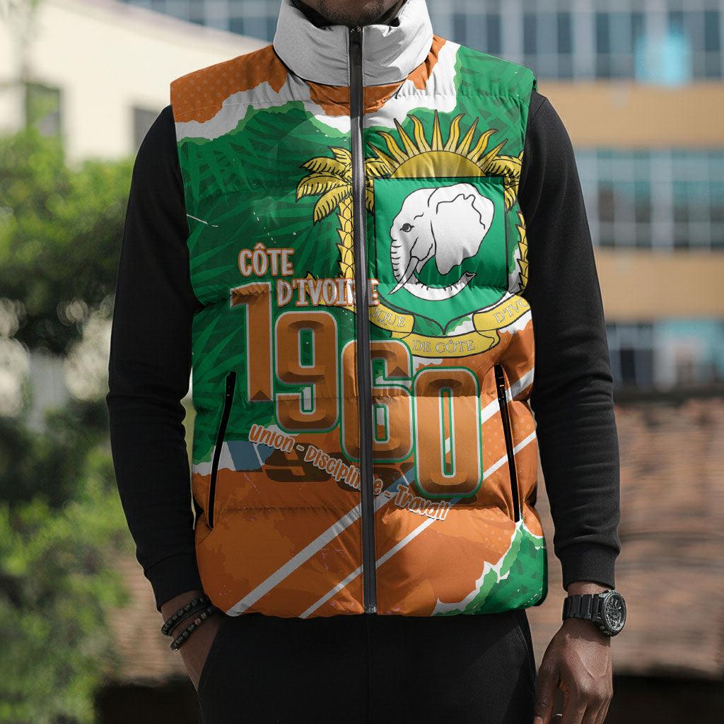 Cote d'Ivoire Independence Day Personalized Sleeveless Puffer Jacket 1960 Proud Coat Of Arms Grunge Style