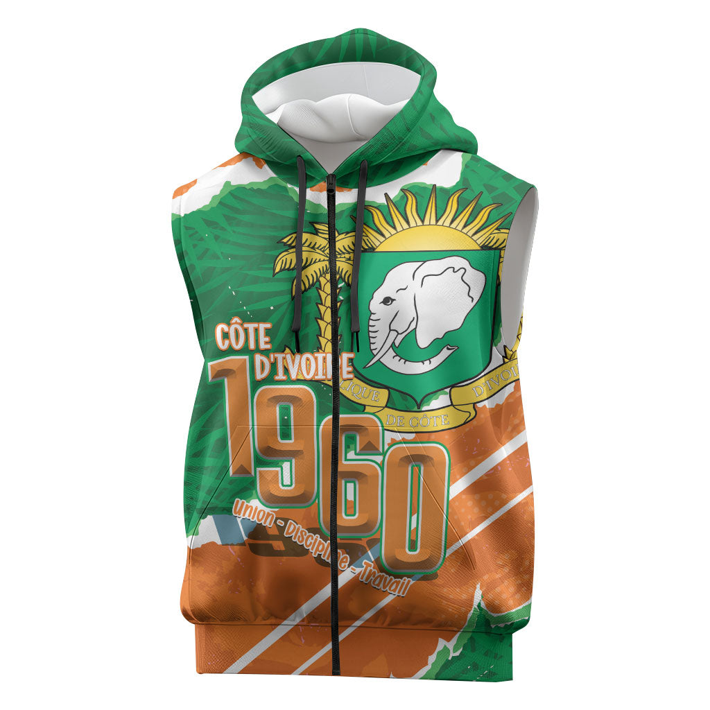 Cote d'Ivoire Independence Day Personalized Sleeveless Zip Hoodie 1960 Proud Coat Of Arms Grunge Style