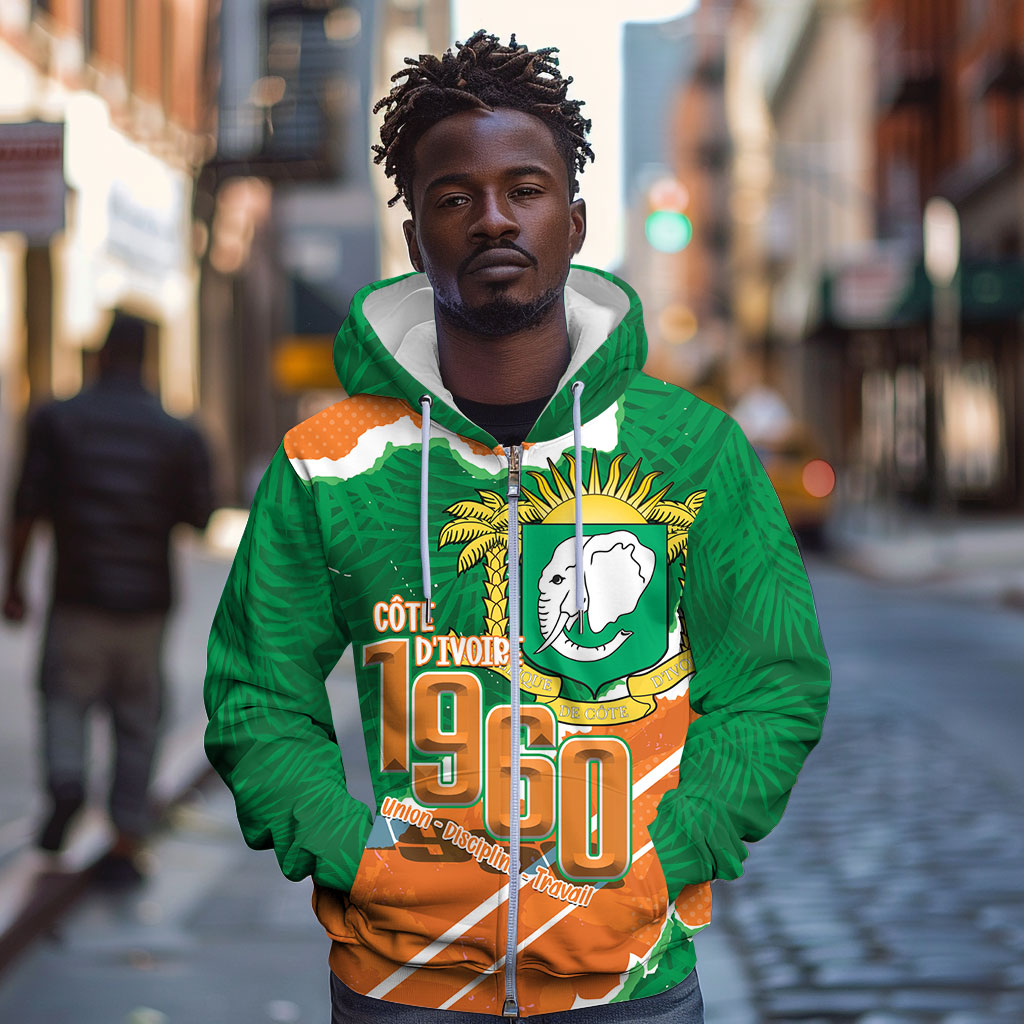 Cote d'Ivoire Independence Day Personalized Zip Hoodie 1960 Proud Coat Of Arms Grunge Style