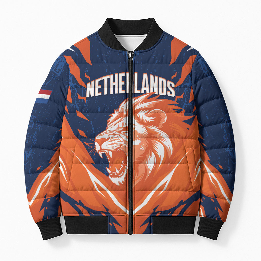 Custom Netherlands 2026 Football Bomber Puffer Jacket Go Oranje Majestic Lion