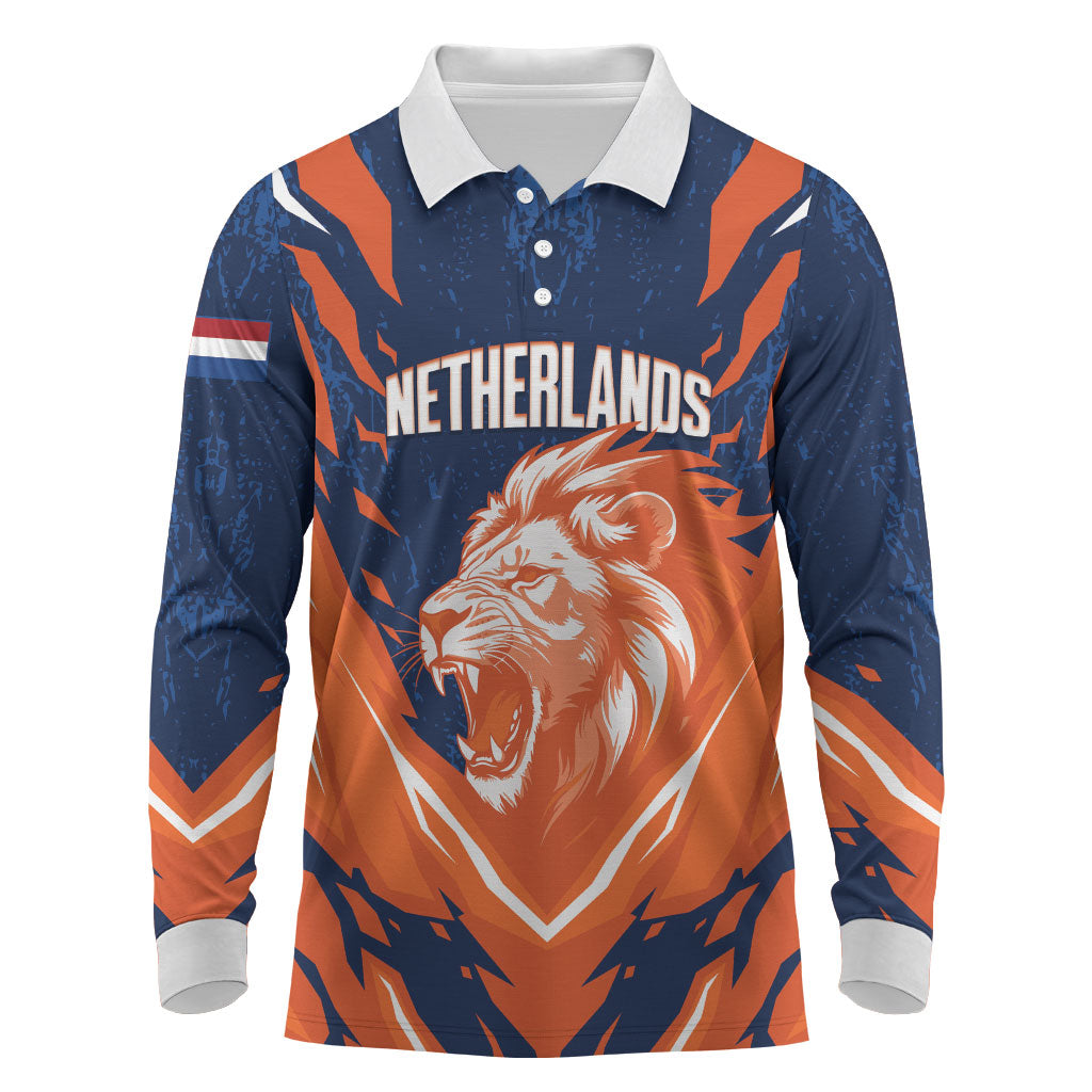 Custom Netherlands 2026 Football Long Sleeve Polo Shirt Go Oranje Majestic Lion