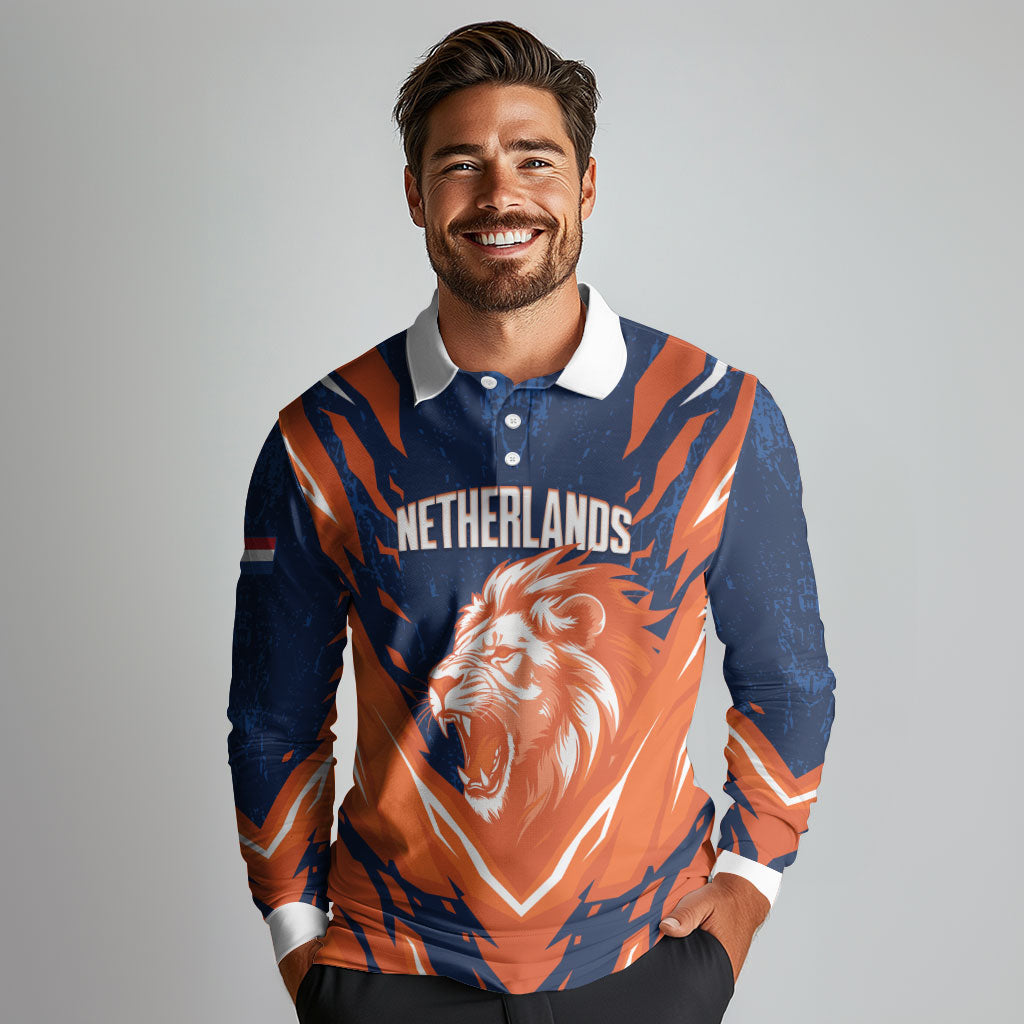 Custom Netherlands 2026 Football Long Sleeve Polo Shirt Go Oranje Majestic Lion