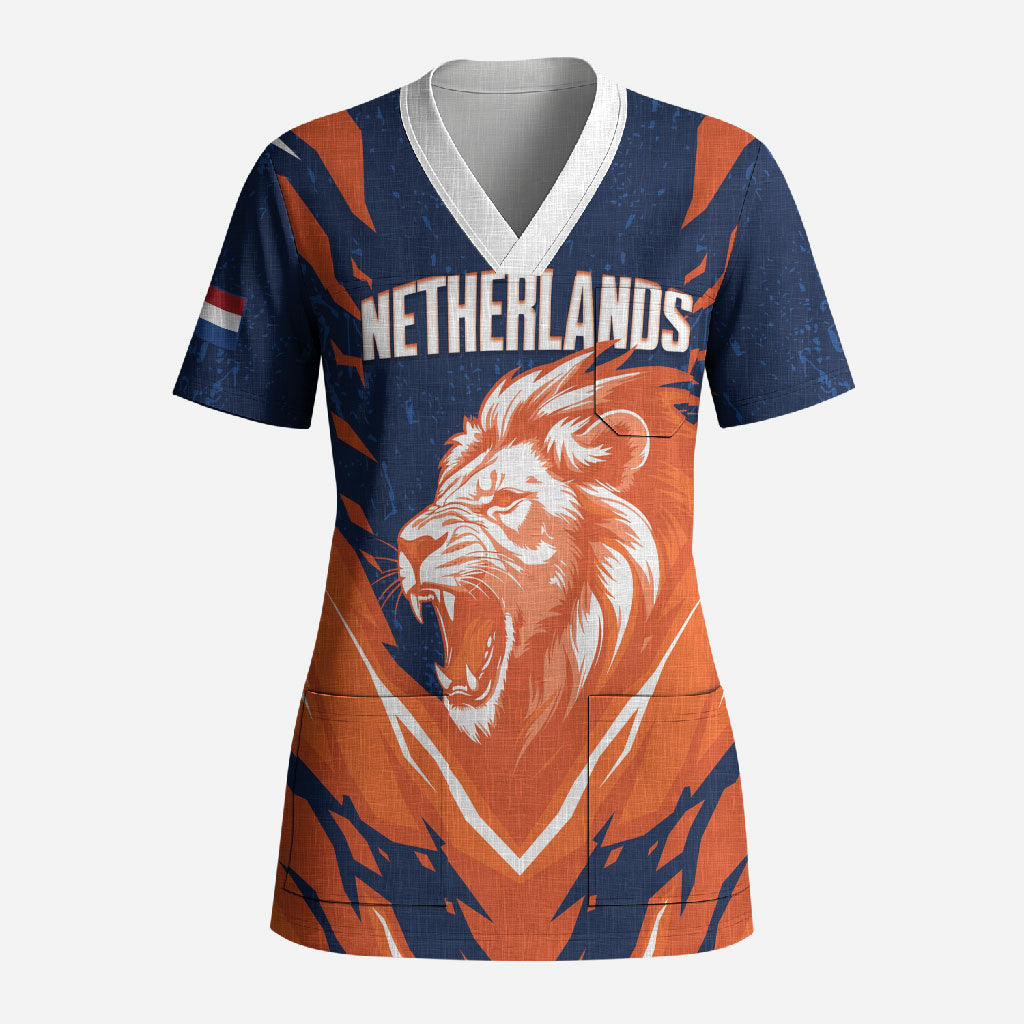 Custom Netherlands 2026 Football Scrub Top Go Oranje Majestic Lion