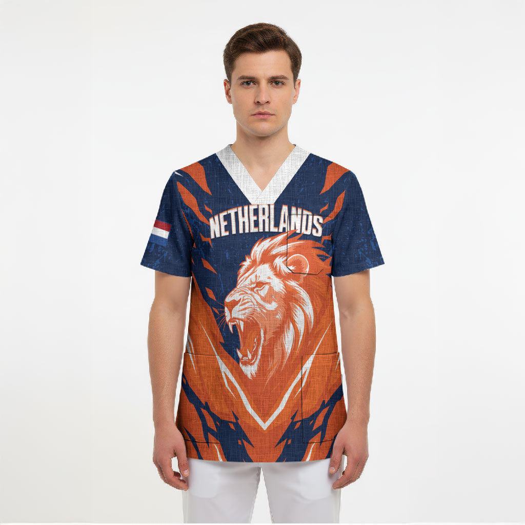 Custom Netherlands 2026 Football Scrub Top Go Oranje Majestic Lion