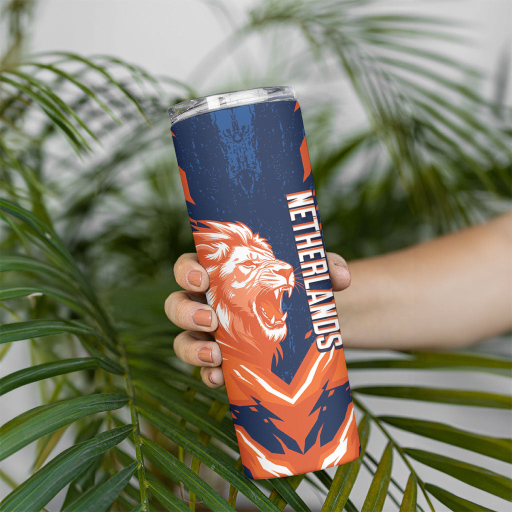 Custom Netherlands 2026 Football Skinny Tumbler Go Oranje Majestic Lion