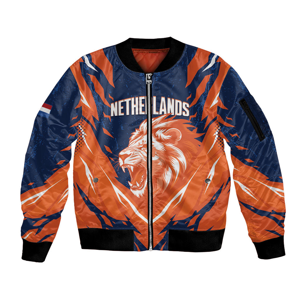 Custom Netherlands 2026 Football Sleeve Zip Bomber Jacket Go Oranje Majestic Lion