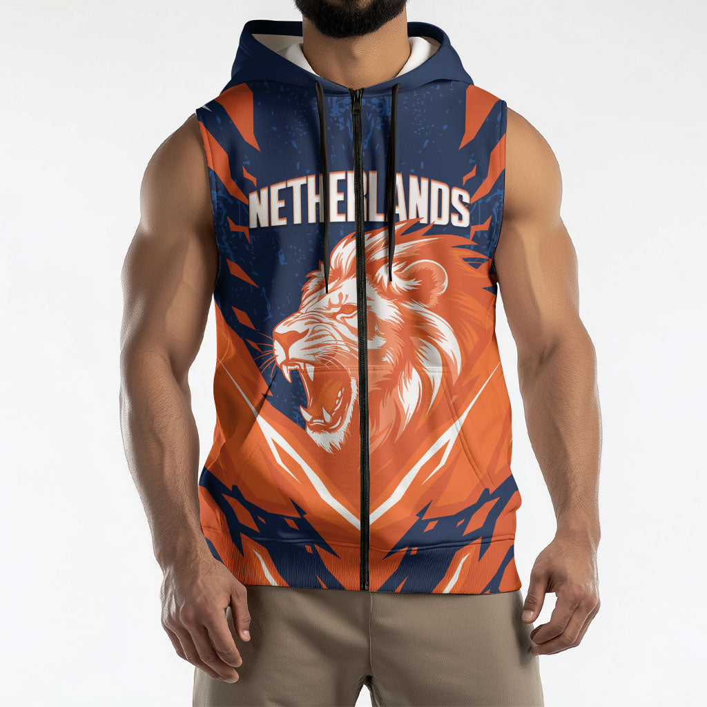 Custom Netherlands 2026 Football Sleeveless Zip Hoodie Go Oranje Majestic Lion