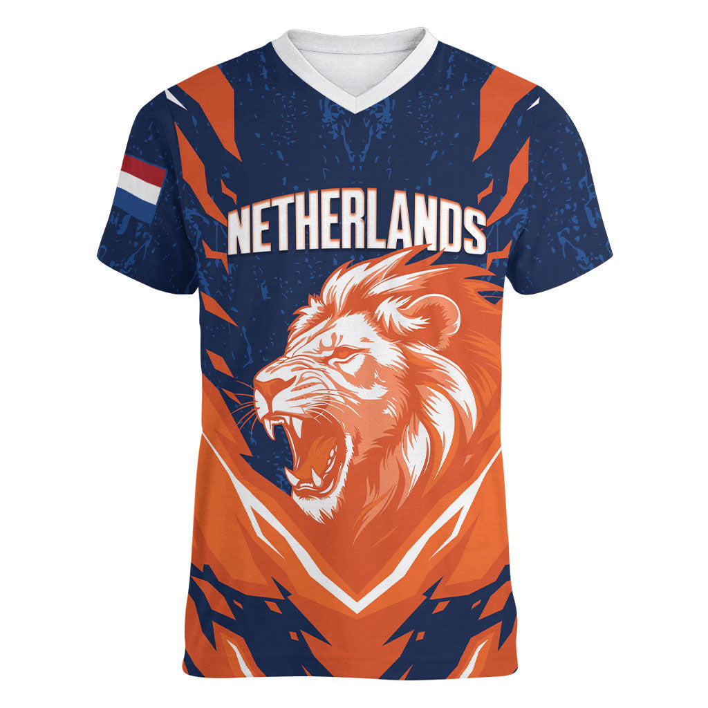 Custom Netherlands 2026 Football Women V-Neck T-Shirt Go Oranje Majestic Lion