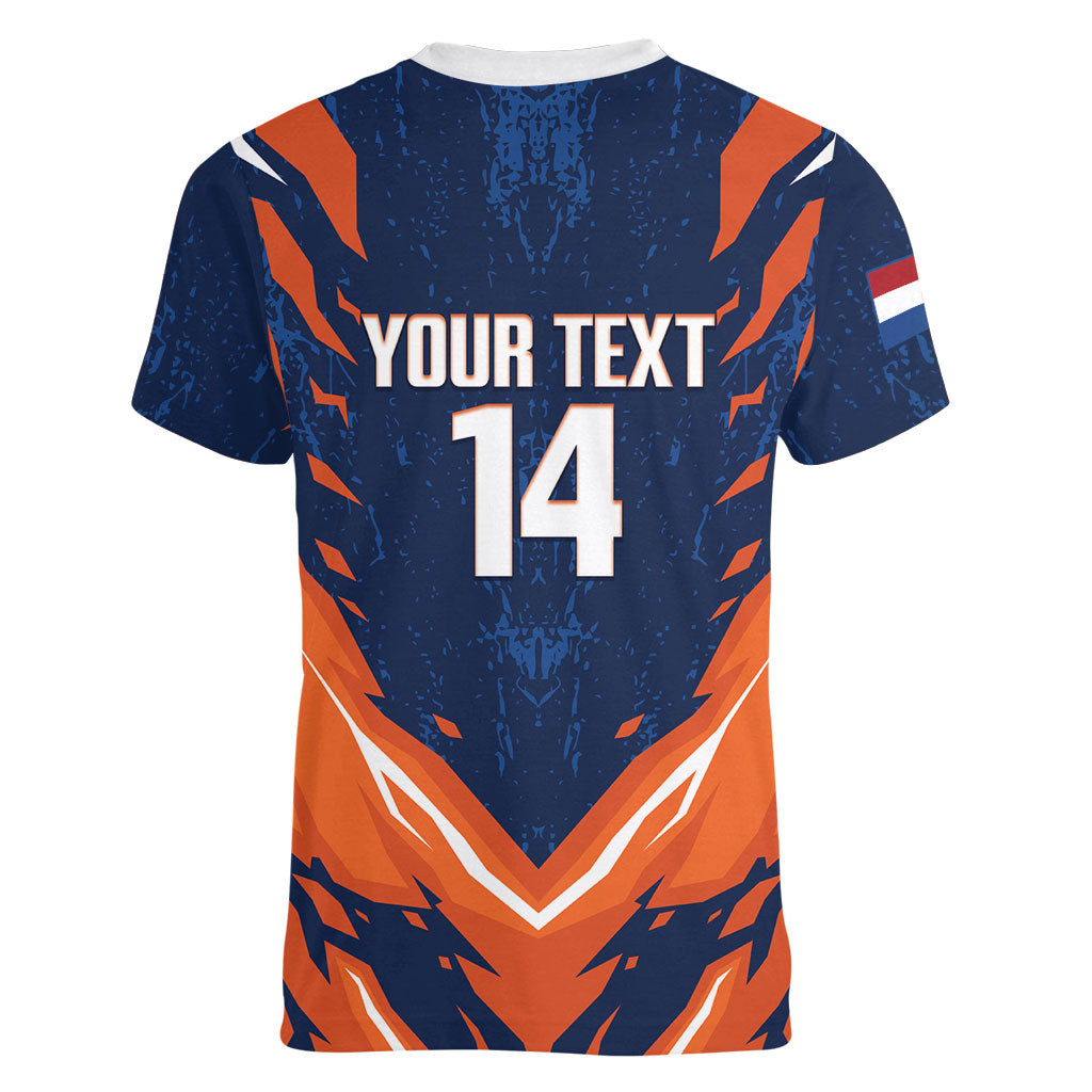 Custom Netherlands 2026 Football Women V-Neck T-Shirt Go Oranje Majestic Lion