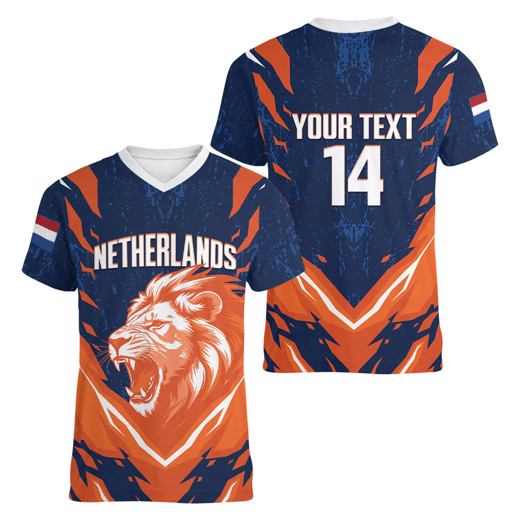 Custom Netherlands 2026 Football Women V-Neck T-Shirt Go Oranje Majestic Lion