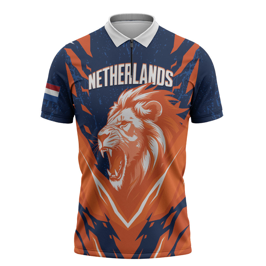 Custom Netherlands 2026 Football Zipper Polo Shirt Go Oranje Majestic Lion
