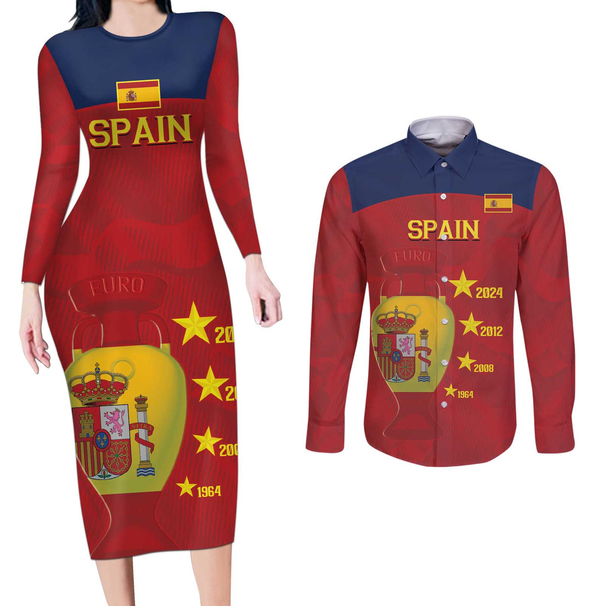 Spain Football Couples Matching Long Sleeve Bodycon Dress and Long Sleeve Button Shirt 4th We Are The Champions - Wonder Print Shop
