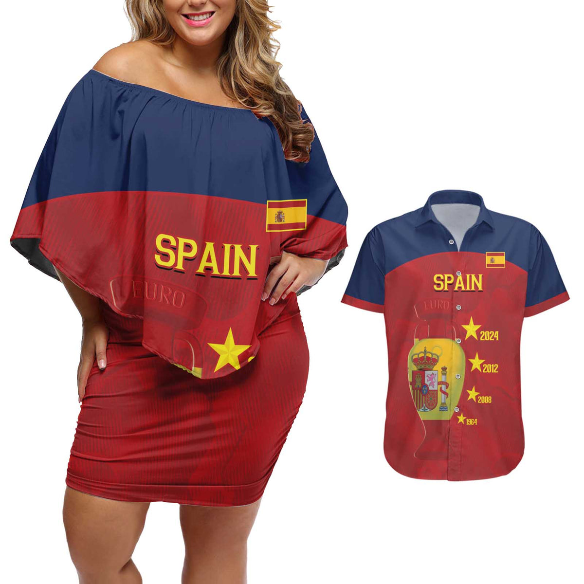 Spain Football Couples Matching Off Shoulder Short Dress and Hawaiian Shirt 4th We Are The Champions - Wonder Print Shop