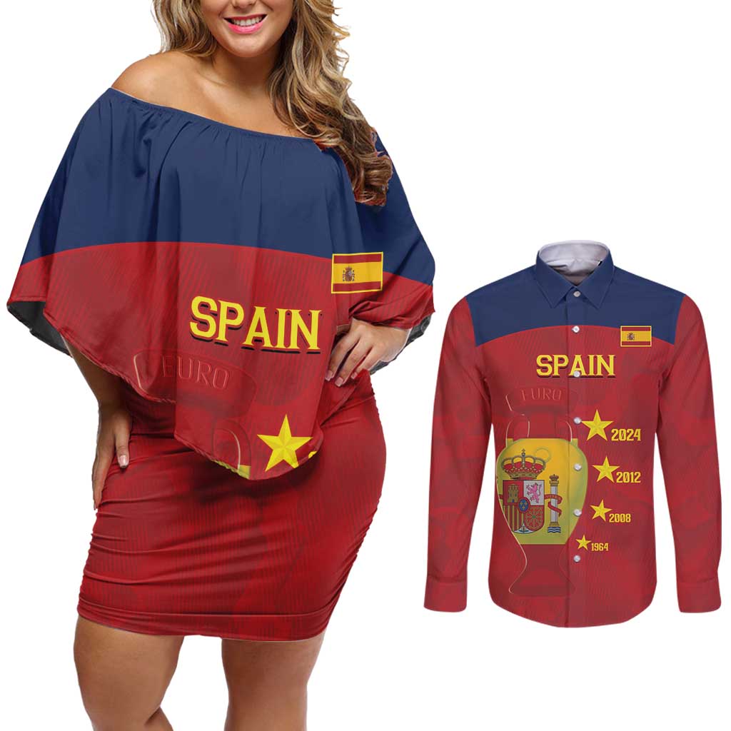 Spain Football Couples Matching Off Shoulder Short Dress and Long Sleeve Button Shirt 4th We Are The Champions - Wonder Print Shop