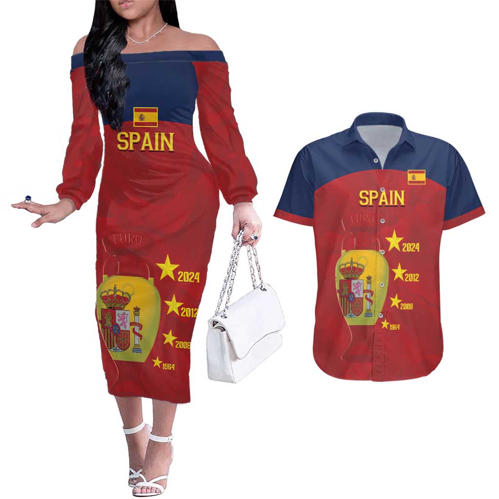 Spain Football Couples Matching Off The Shoulder Long Sleeve Dress and Hawaiian Shirt 4th We Are The Champions - Wonder Print Shop