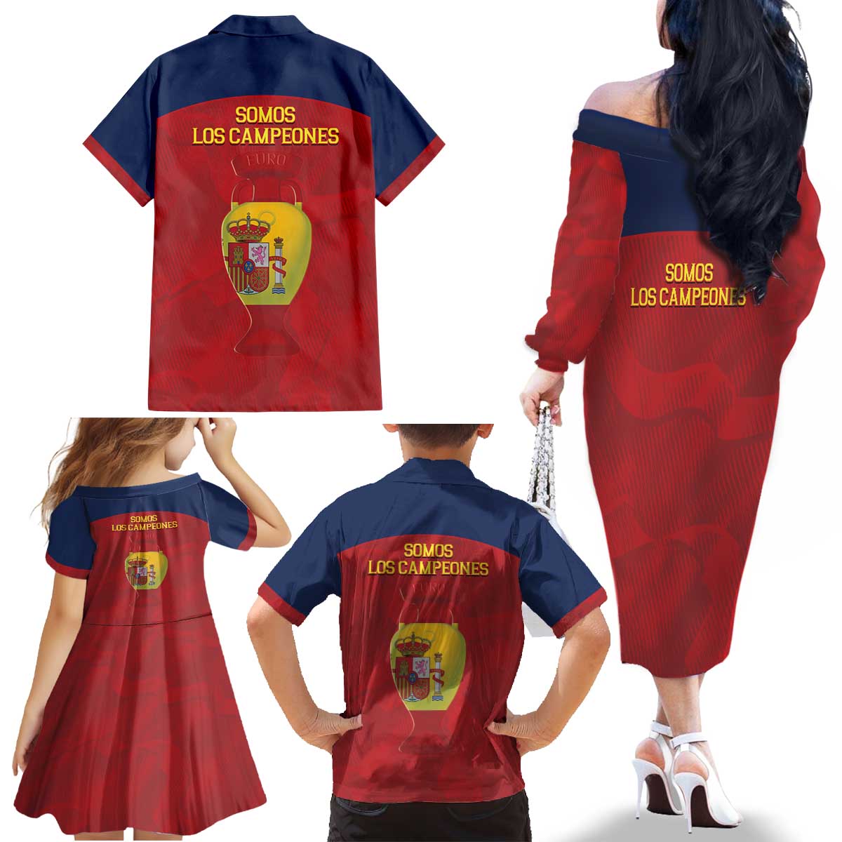 Spain Football Family Matching Off The Shoulder Long Sleeve Dress and Hawaiian Shirt 4th We Are The Champions - Wonder Print Shop
