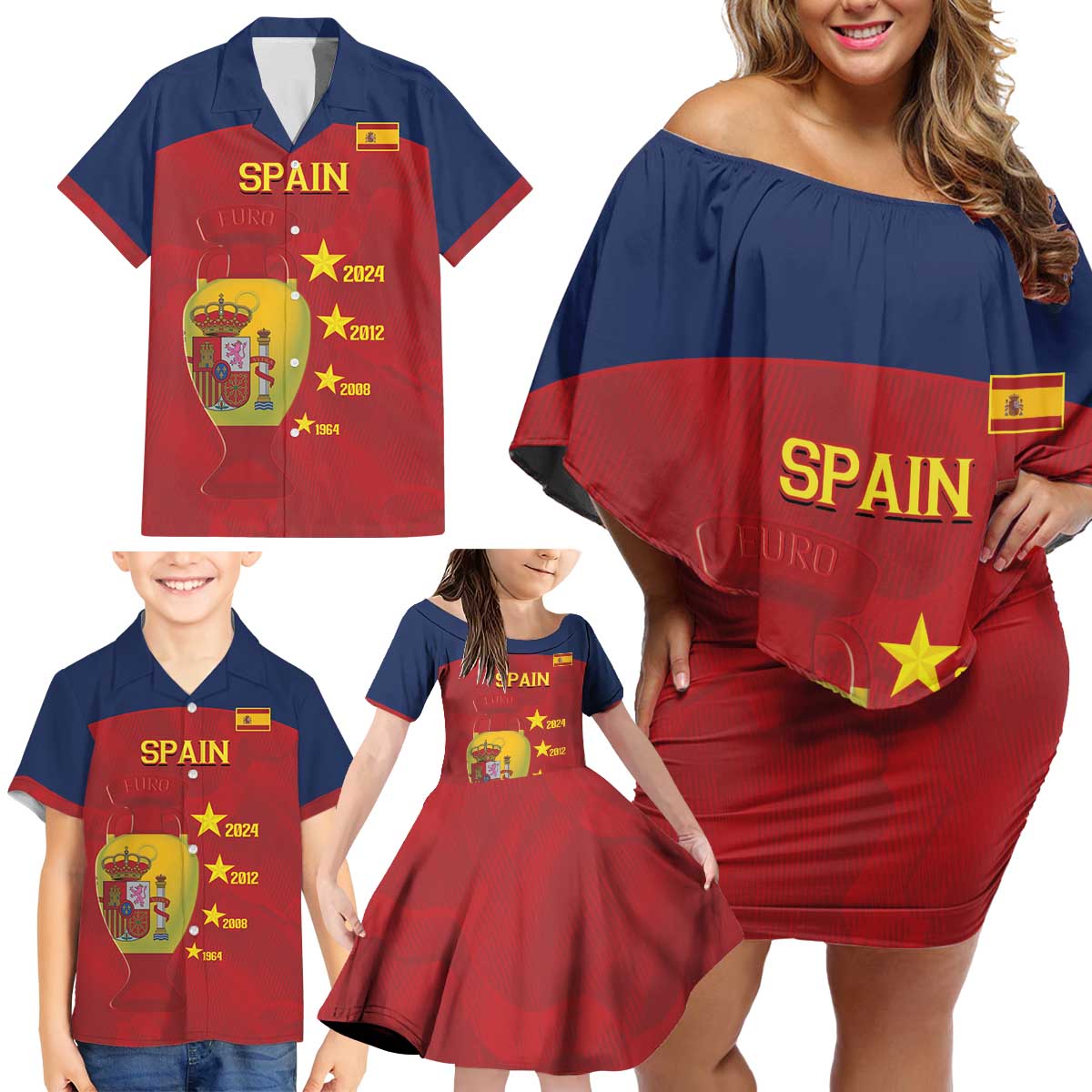 Spain Football Family Matching Off Shoulder Short Dress and Hawaiian Shirt 4th We Are The Champions - Wonder Print Shop
