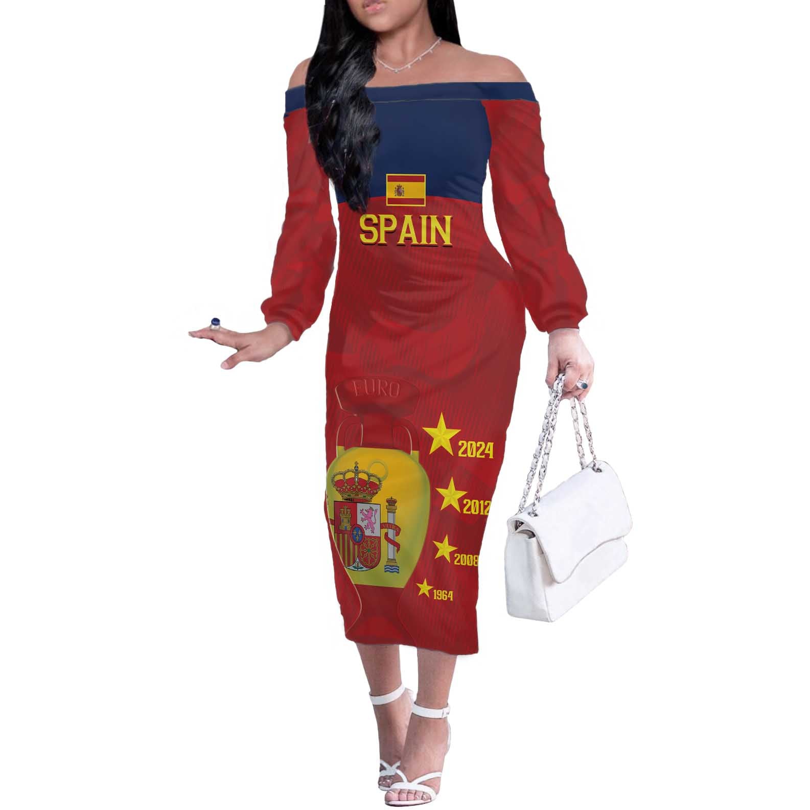 Spain Football Off The Shoulder Long Sleeve Dress 4th We Are The Champions - Wonder Print Shop
