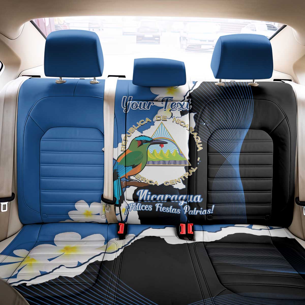 Personalized Nicaragua Independence Day Back Car Seat Cover Nicaraguan Guardabarranco Mix Sacuanjoche Flowers - Wonder Print Shop