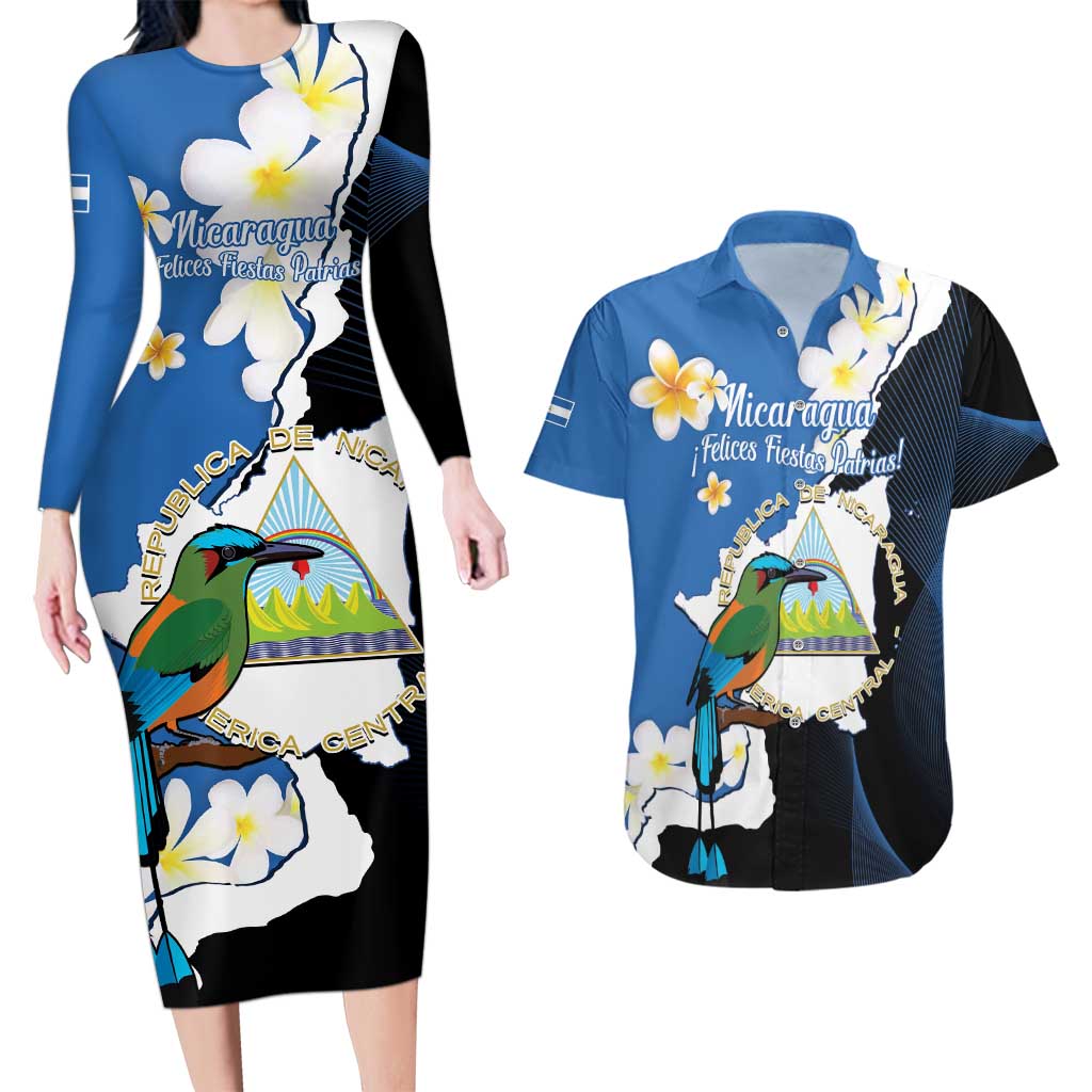 Personalized Nicaragua Independence Day Couples Matching Long Sleeve Bodycon Dress and Hawaiian Shirt Nicaraguan Guardabarranco Mix Sacuanjoche Flowers - Wonder Print Shop