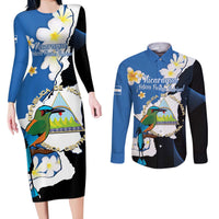Personalized Nicaragua Independence Day Couples Matching Long Sleeve Bodycon Dress and Long Sleeve Button Shirt Nicaraguan Guardabarranco Mix Sacuanjoche Flowers - Wonder Print Shop
