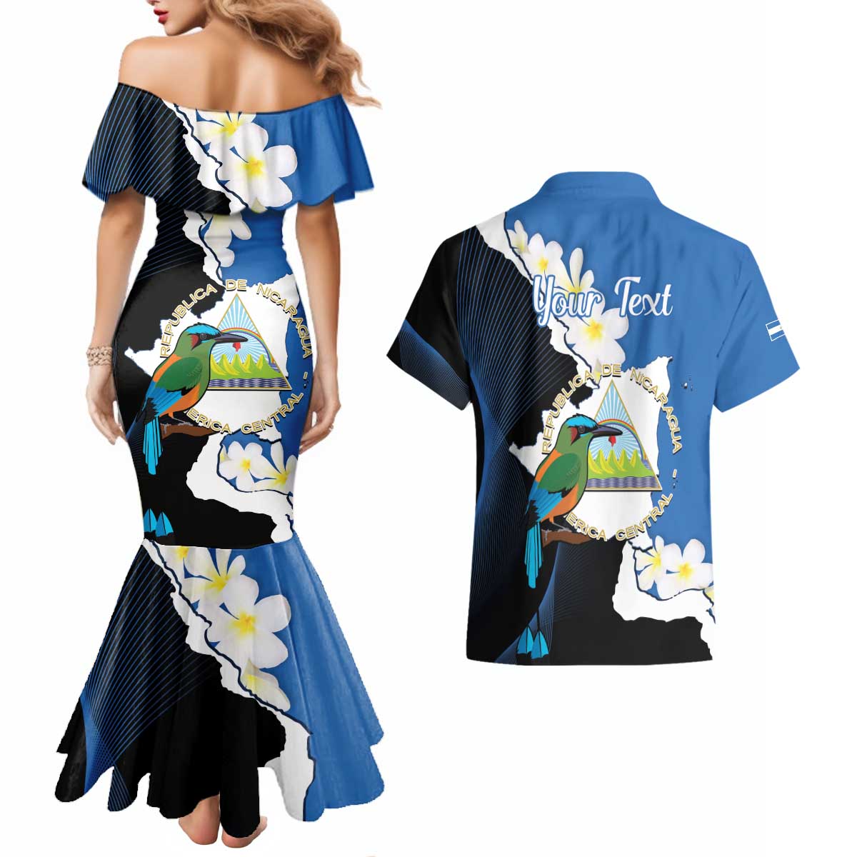 Personalized Nicaragua Independence Day Couples Matching Mermaid Dress and Hawaiian Shirt Nicaraguan Guardabarranco Mix Sacuanjoche Flowers - Wonder Print Shop